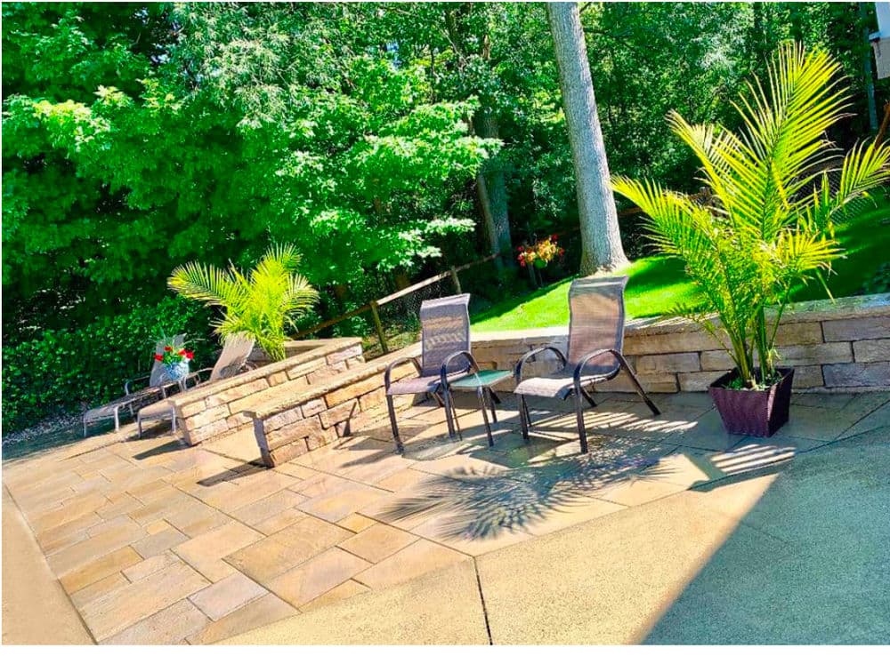 Patio area with lounge chairs, potted palm, and lush greenery in a serene outdoor setting.